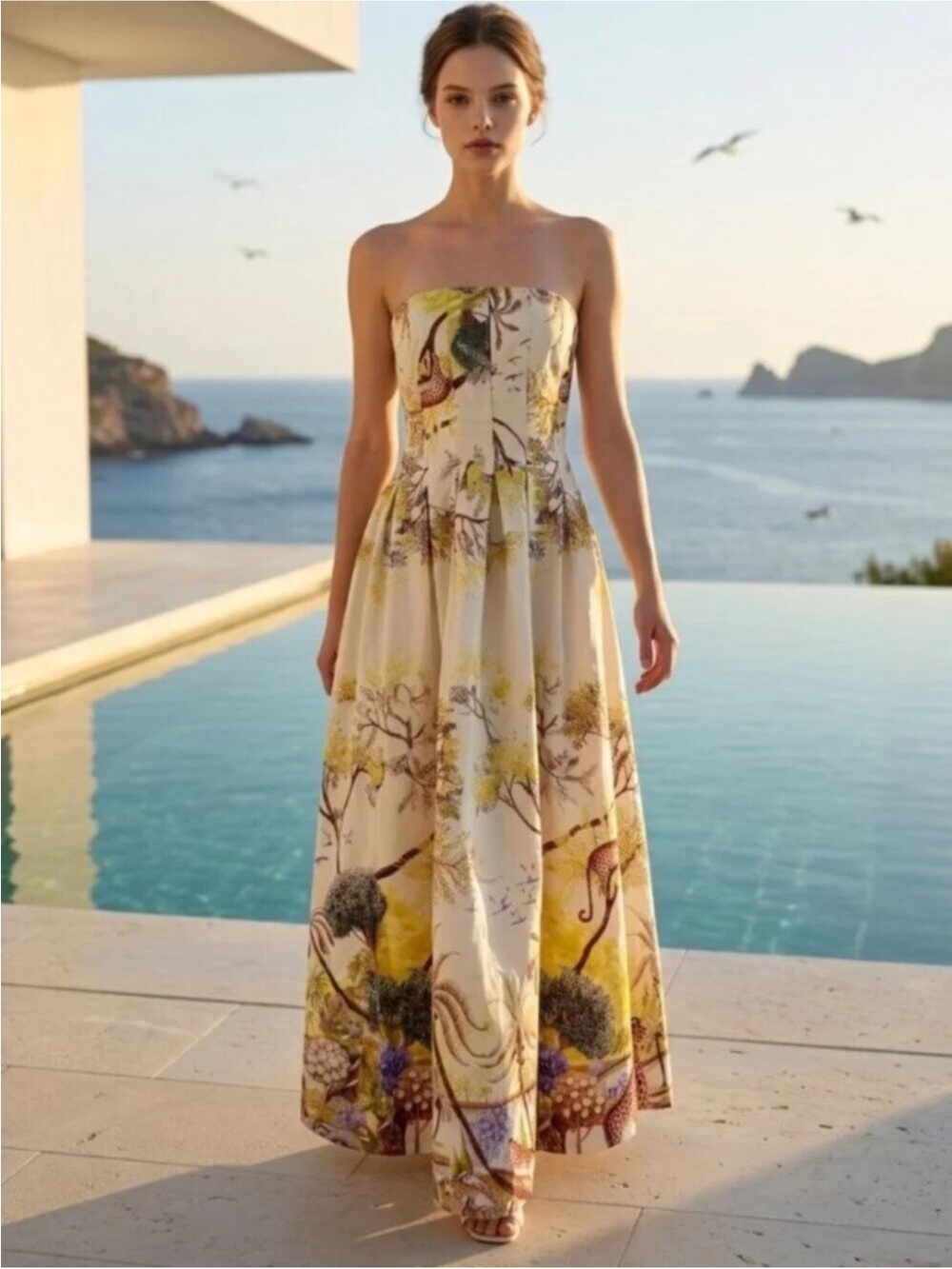CAROLINE CONSTAS  Strapless Floral JUNGLE Print Maxi Dress in Cream and Yellow M
